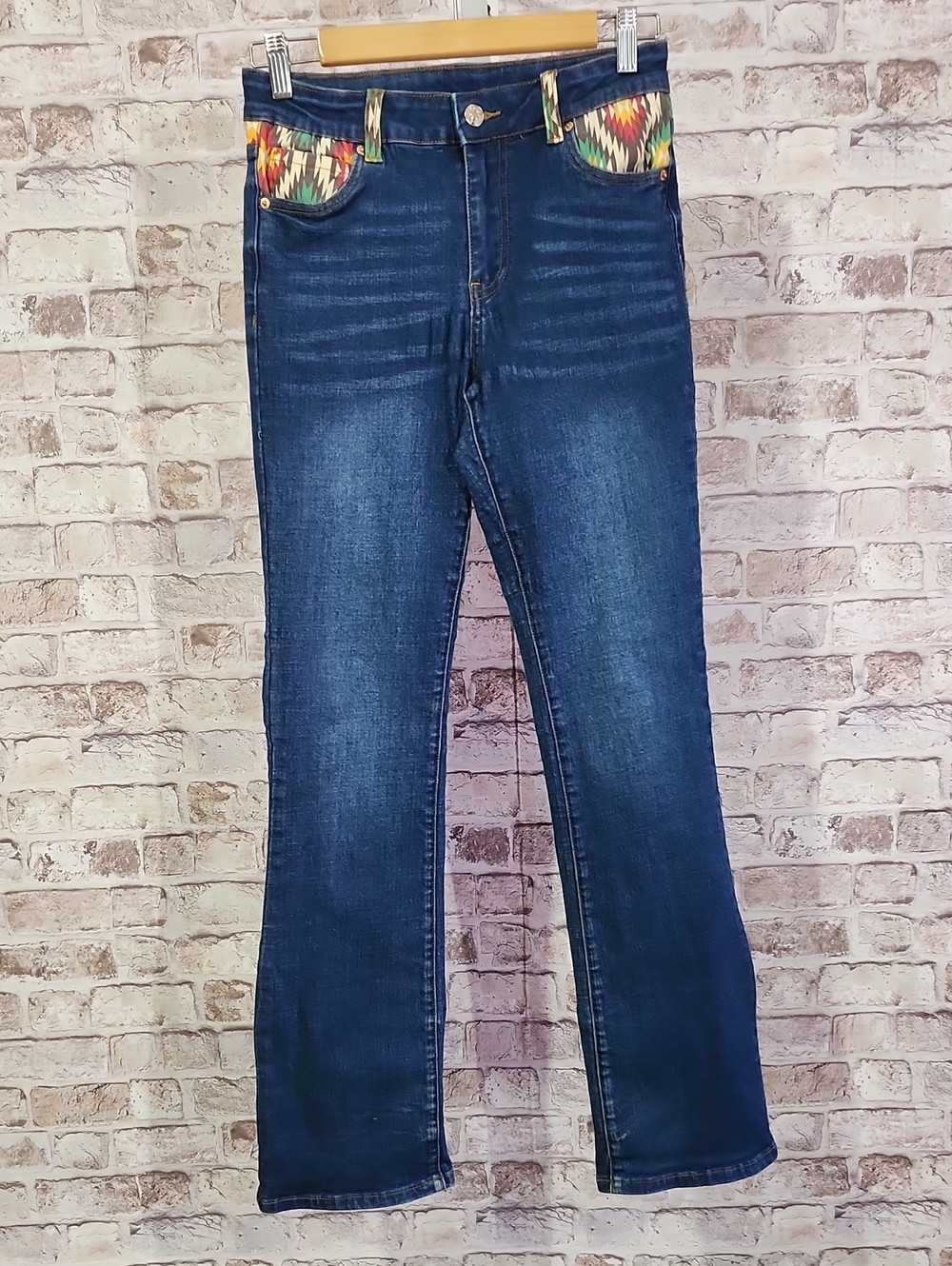 Girls' Dark Blue Stretch Jeans with Colorful Pocket Trim